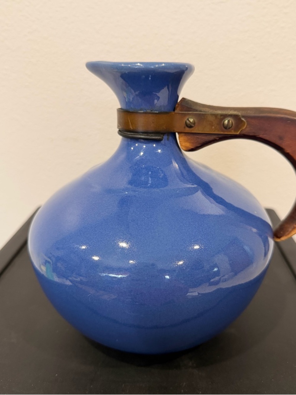 Vintage Bauer Pottery Los Angeles Blue Pitcher Jug Wooden Handle